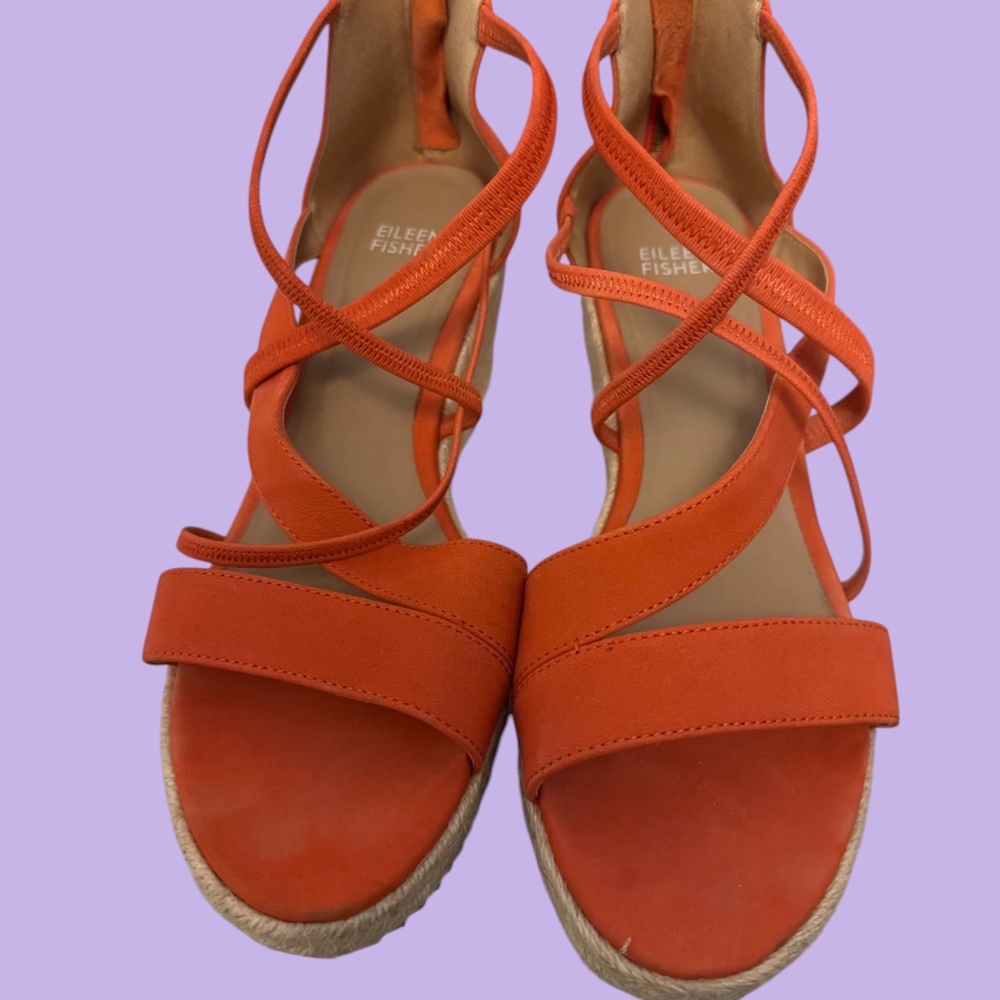 EILEEN FISHER Wanda Strappy Leather Wedges in orange size:9